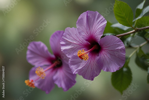 Purple colored hibiscus flowers on an ornamental tree branch