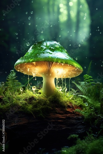 Green Mushroom in the forest with raindrops and slime. Nature background.