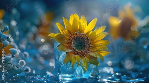 The captivating image features a sunflower frozen within an ice cube surrounded by delicate air bubbles