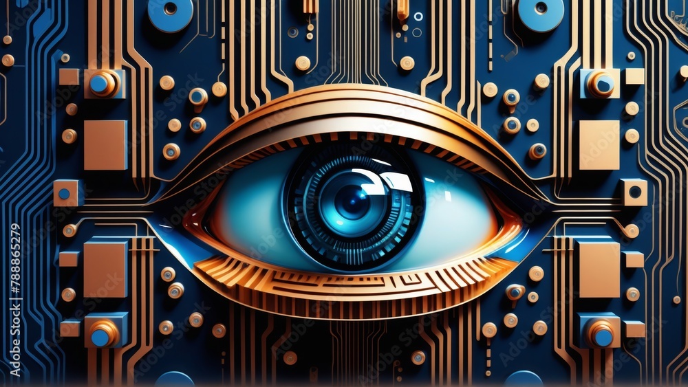 Cyber security concept. Eye in the center of the circuit board.