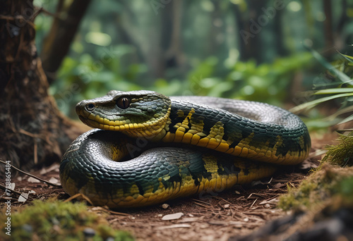 Anaconda snake in the jungles of the Amazon rainforest with reptilian scales at head of nonvenomous constrictor body