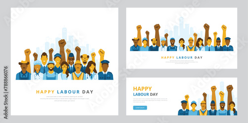 International workers’ day or labor movement concepts with smiling professionals from divers fields, raised hands and fists clenched. Ideal for posters, web banners, headers, or social media posts