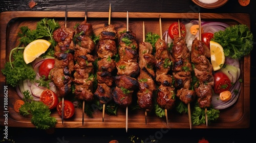 Delicious grilled kebab on the skewer on a wooden tray. Top view image.