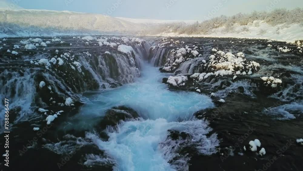 Aerial drone view of Bruarfoss waterfall in Winter, Iceland Aerial drone view of Bruarfoss waterfall in Winter, Iceland