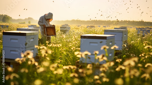 A farmer inspecting beehives in a field of blooming clover, bees buzzing around in a harmonious dance, copy space