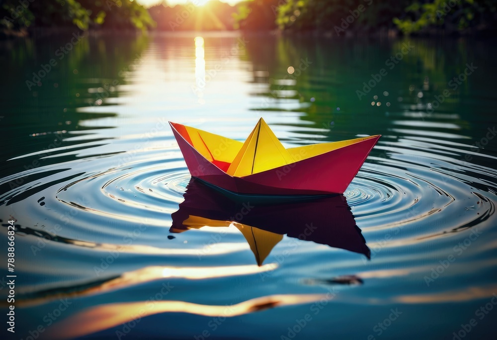 The paper boat glides gracefully across the water's surface