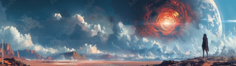 Fototapeta premium Exploration of a parallel dimension with surreal landscapes and otherworldly creatures super ultrawide wallpaper