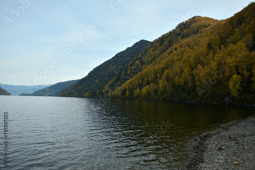 Reflection of the gentle slopes of high mountains covered with dense coniferous forest on a sunny autumn day.