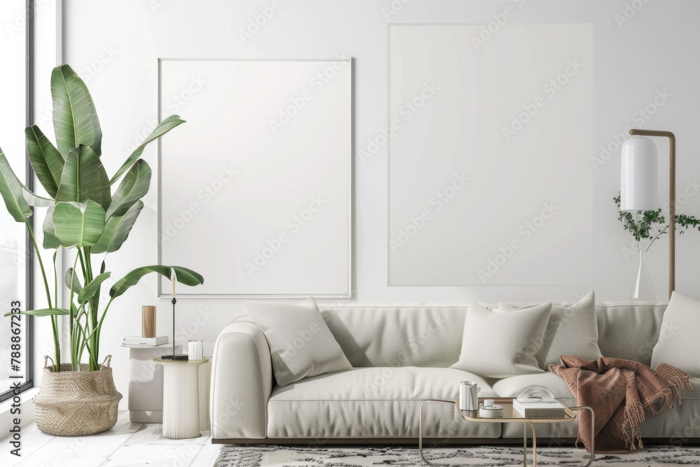 Naklejka premium Scandinavian style living room with poster mockup created with generative ai