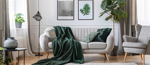 Dark green blanket placed on a gray sofa in a well-lit living room with an empty poster and an armchair. photo
