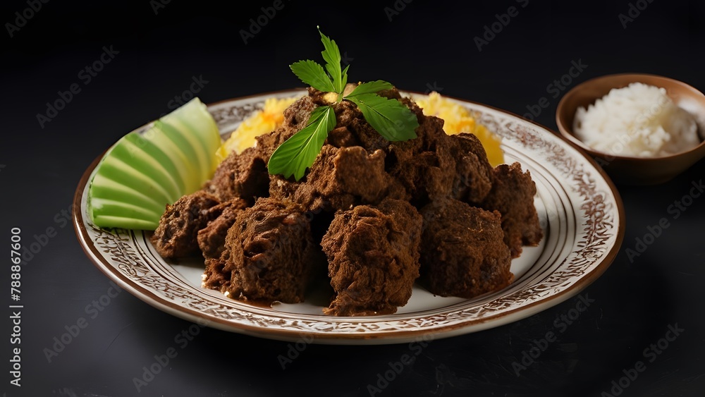 Rendang dish placed on a black surface for contrast