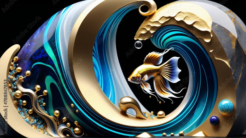 3d illustration of blue and gold fish with gold frame on black background