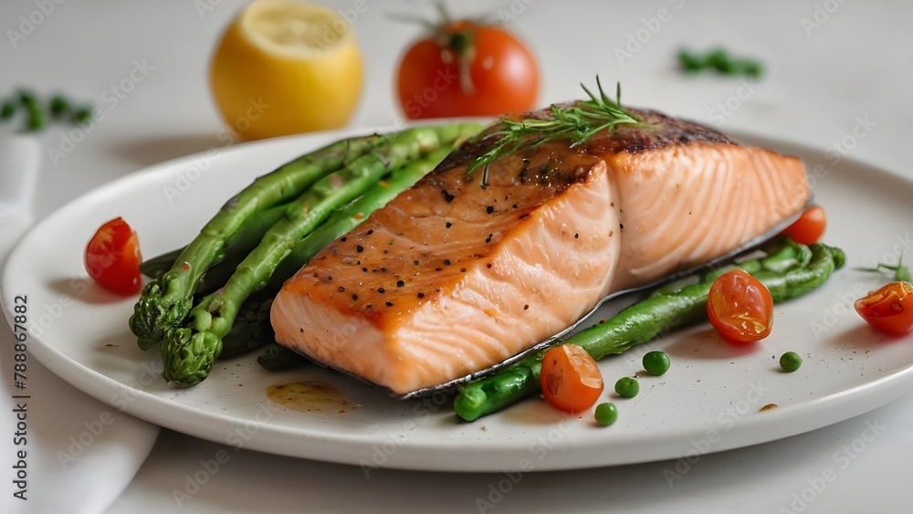 A dish with a white plate highlighting salmon and asparagus A dish with a white plate highlighting salmon and asparagus