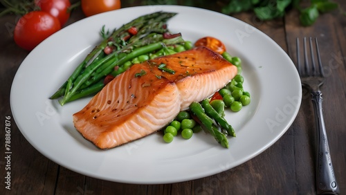A meal presentation with a white plate displaying salmon and asparagus