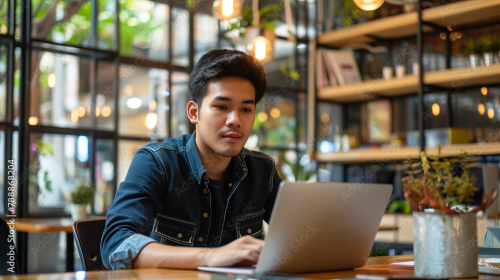 portrait of a male tech worker working on laptop in modern office, employee working in technology company portrait of a male tech worker working on laptop in modern office, employee working in technology company
