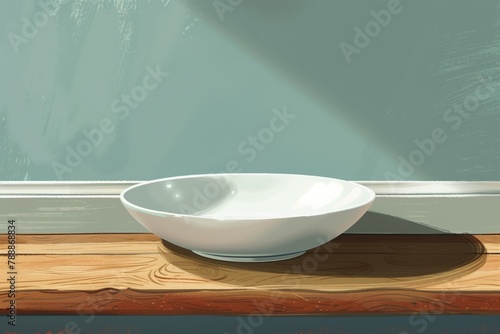 Illustration of a white plate on wooden shelf.