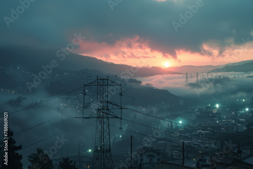 high angle shot of a Foggy electric tower on sunset