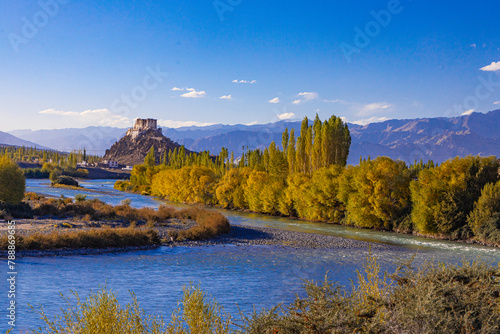 A Panoramic view of Stakna Monastery also called Stakna Gompa at the banks of blue Indus River in Ladakh on 28 September 2023.