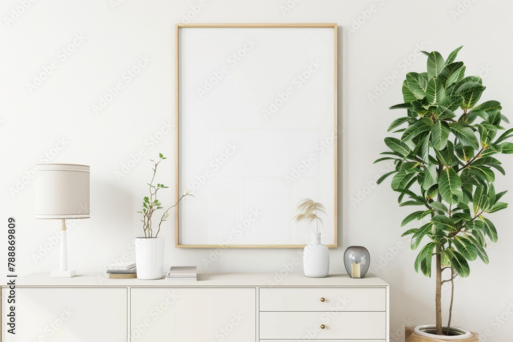 Fototapeta premium Scandinavian style living room with poster mockup created with generative ai