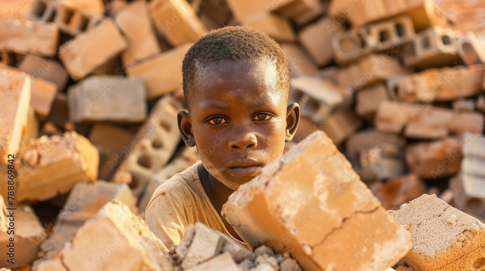 The image of a young African boy surrounded by heaps of bricks symbolizes child exploitation and the plight of African children in the labor force - obrazy, fototapety, plakaty 