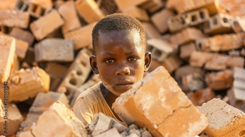 The image of a young African boy surrounded by heaps of bricks symbolizes child exploitation and the plight of African children in the labor force © 2rogan