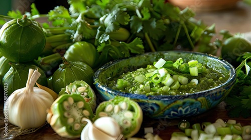 Getting ready to whip up some fresh salsa verde with green tomatillos garlic and onions photo