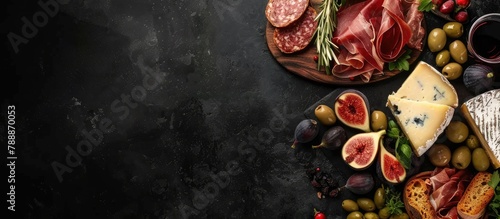 Assortment of cheeses and snacks for wine. Red wine, different cheeses, figs, bread, olives, and prosciutto arranged on a wooden board against a black background, photo