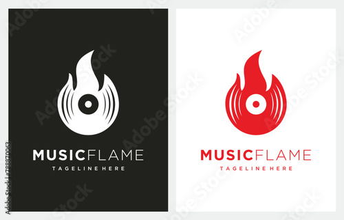 Vinyl Flame Music Fire logo design icon vector 
