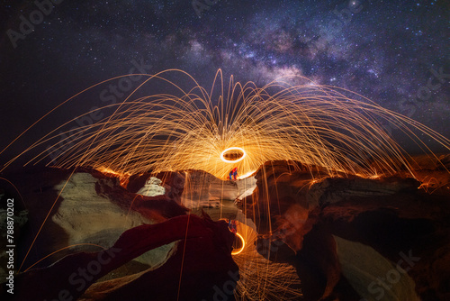 Milky way at Sam Phan Bok ready Burning steel wool fireworks, beautilul stone mountain and a beautiful reflection of the water the grand canyon of Thailand (3000 bok)  Mekong River, Ubon Ratchathani,  photo