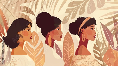  Bohemian-style flat illustration featuring side profile portraits of three young women, adorned with patterns of tropical leaves.