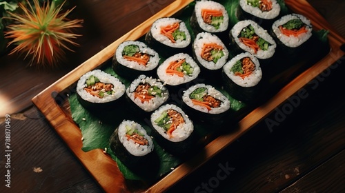 Delicious traditional Asian food kimbap on a wooden tray. Top view image.