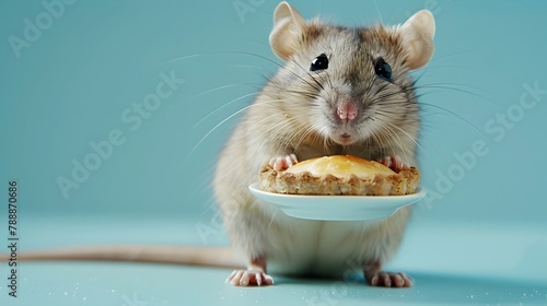 Proud Rat Presenting Fresh Pie in Surreal Bakery Scene with Pastel Blue Background