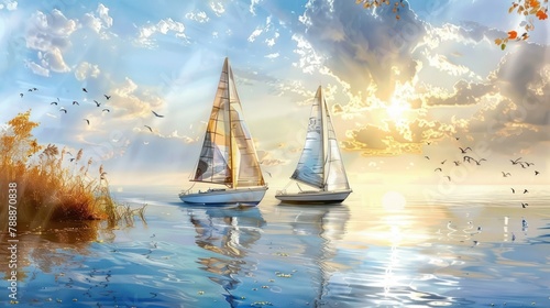 Sailboats gliding gracefully across tranquil waters, their sails billowing in the gentle summer breeze.