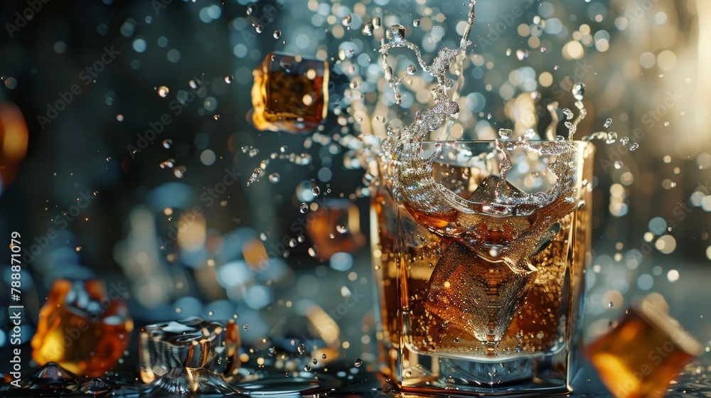 A glass of beverage with ice cubes dropping that causes splashes A glass of beverage with ice cubes dropping that causes splashes