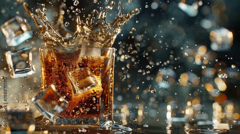 A glass of beverage with ice cubes dropping that causes splashes A glass of beverage with ice cubes dropping that causes splashes