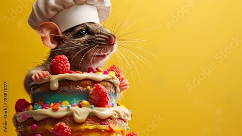 A One Eared Rat Chef Meticulously Decorating a Tiered Cake on a Vibrant Sunflower Yellow Background in a Professional Studio Setting