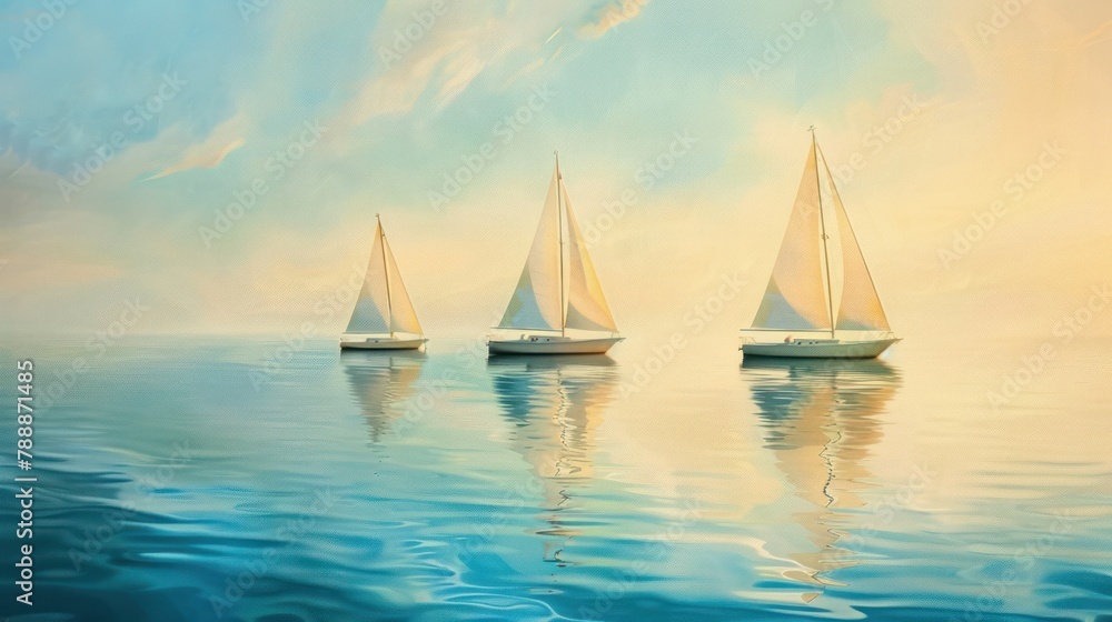 Sailboats gliding gracefully across tranquil waters, their sails billowing in the gentle summer breeze.