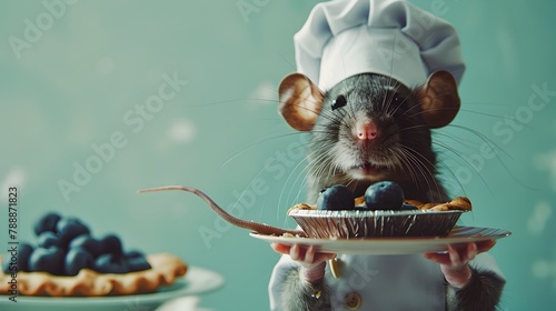 Surreal of a Rat Bakery Chef Baking a Blueberry Pie on a Pastel Green Background with Studio Lighting photo