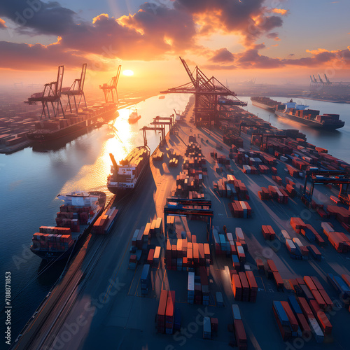 Sunset over the Tariff Gateway  Port Scene of Global Trade