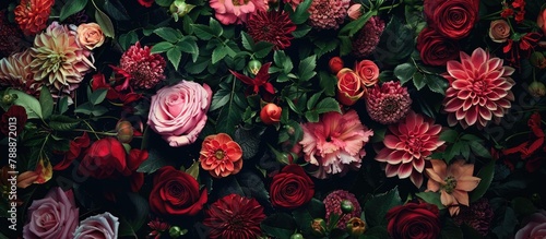 Multiple types of flowers set against a dark backdrop, viewed from above with space for text.