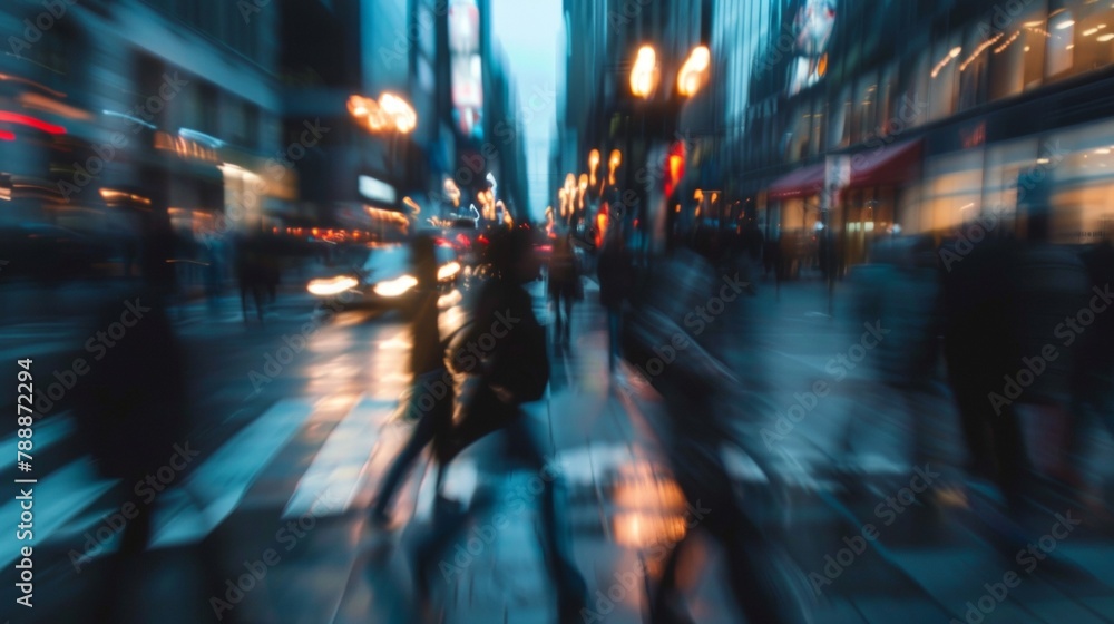 Defocused image 3 An outoffocus view of a busy street during rush hour where faceless people are rushing towards their destinations their silhouettes blending into the cityscape representing . - obrazy, fototapety, plakaty 