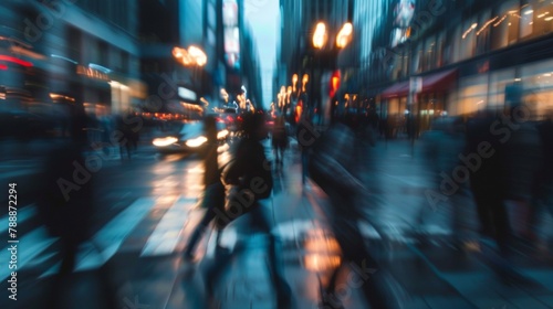 Defocused image 3 An outoffocus view of a busy street during rush hour where faceless people are rushing towards their destinations their silhouettes blending into the cityscape representing . photo