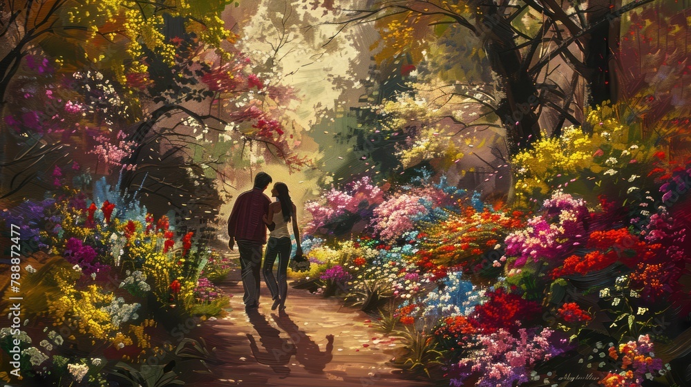 Couples strolling hand in hand through blooming flower gardens, surrounded by vibrant colors and sweet scents. Couples strolling hand in hand through blooming flower gardens, surrounded by vibrant colors and sweet scents.