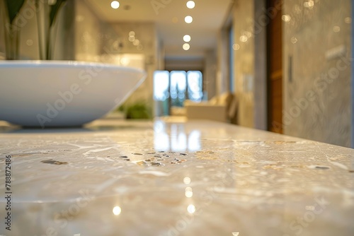 Marble table top with rest room bath tube blurry loose focal background. Close up photo of contemporary interior - generative ai