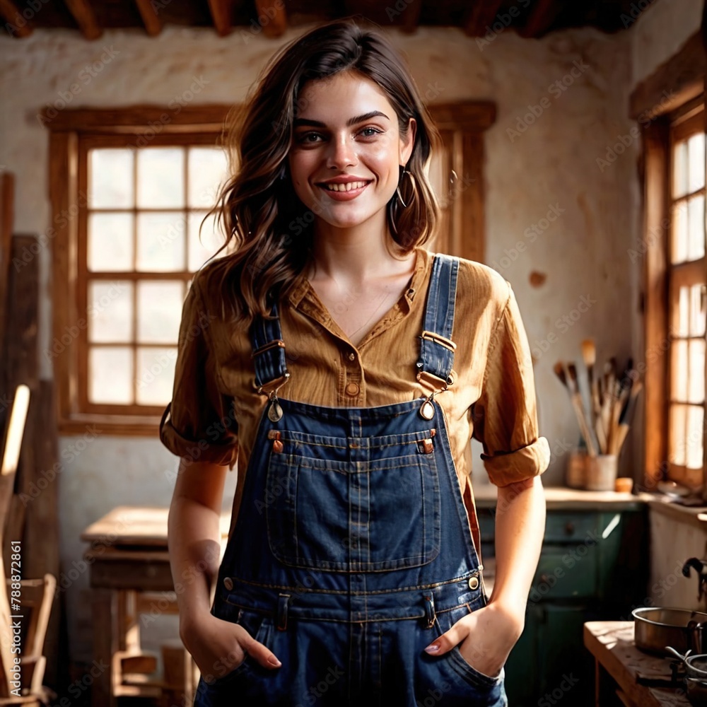 woman in overalls carrying paint brush (smiling), home diy renovation and painting 