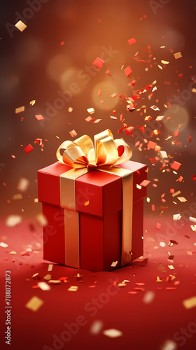 Open gift box with golden confetti