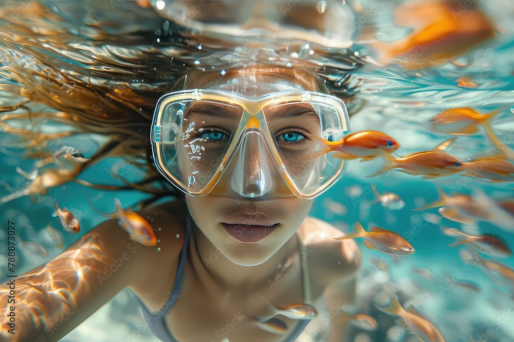 Naklejka premium a young girl in a mask with a snorkel swims through the water and looks at colored fish against the background of carals 