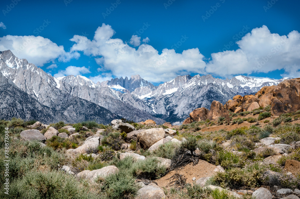 Alabama Hills with Mount Whitney in the back. Unusual stone formations in Alabama hills, California, USA