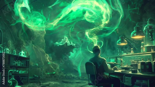 Figure cloaked in black robes sits amidst an alchemist's lab, eerie green smoke swirling all around. Strange apparatus and tomes lie scattered, conjuring an air of mystery.  photo