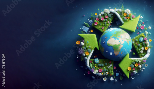 Recycling symbol combined with earth globe  earth day concept  blue background